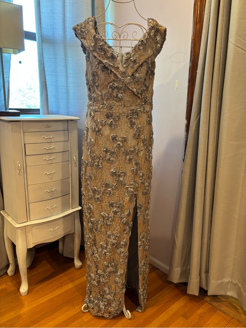 Xscape Champagne and Charcoal Floral Appliqué Evening Gown